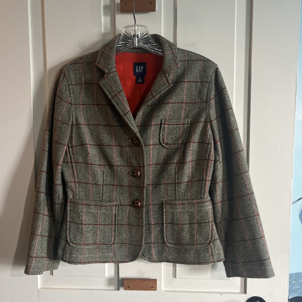 Wool Herringbone Gap Blazer Riding Jacket  Plaid Wool 90s Academia Preppy 2
